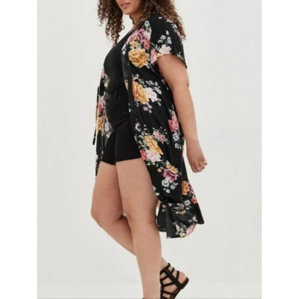 Torrid Tie Waist Floral Kimono Black Knee Length plus size layering size 2x